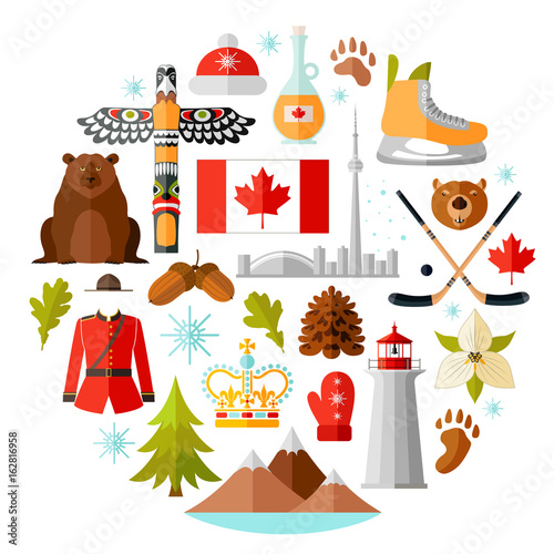 Traditional national symbols of Canada. Set of Canadian icons. Vector illustration in flat style