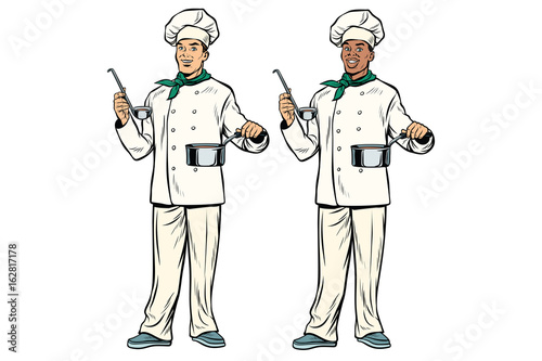 Caucasian and African chef with ladle and cooking pot