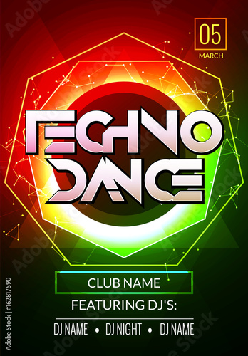 Techno music poster. Electronic club deep music. Musical event disco trance sound. Night party invitation. DJ flyer poster
