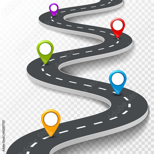 Vector 3d road infographic illustration with pin, pointer. Street information concept. Asphalt road infographic and colorful pins on transparent