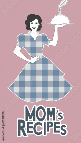 Housewife carrying a tray with dinner. Mom's recipes. Retro style