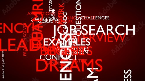 Job search interview word tag cloud. 3D rendering, loop able, red variant. UHD photo