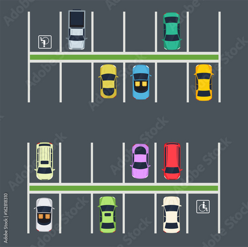 Parking place with cars. Top view of city parking zone.