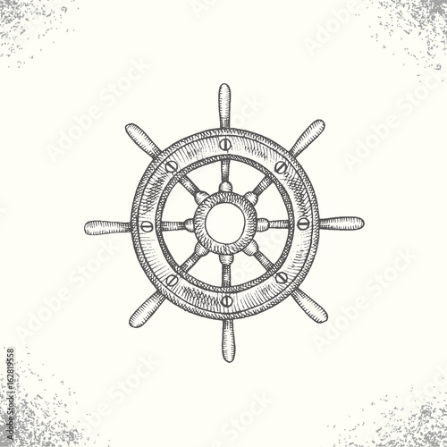 Summer sea adventure. Vintage hand drawn steering wheel. Sketch. Vector engraving illustration. Symbols for yacht clubs