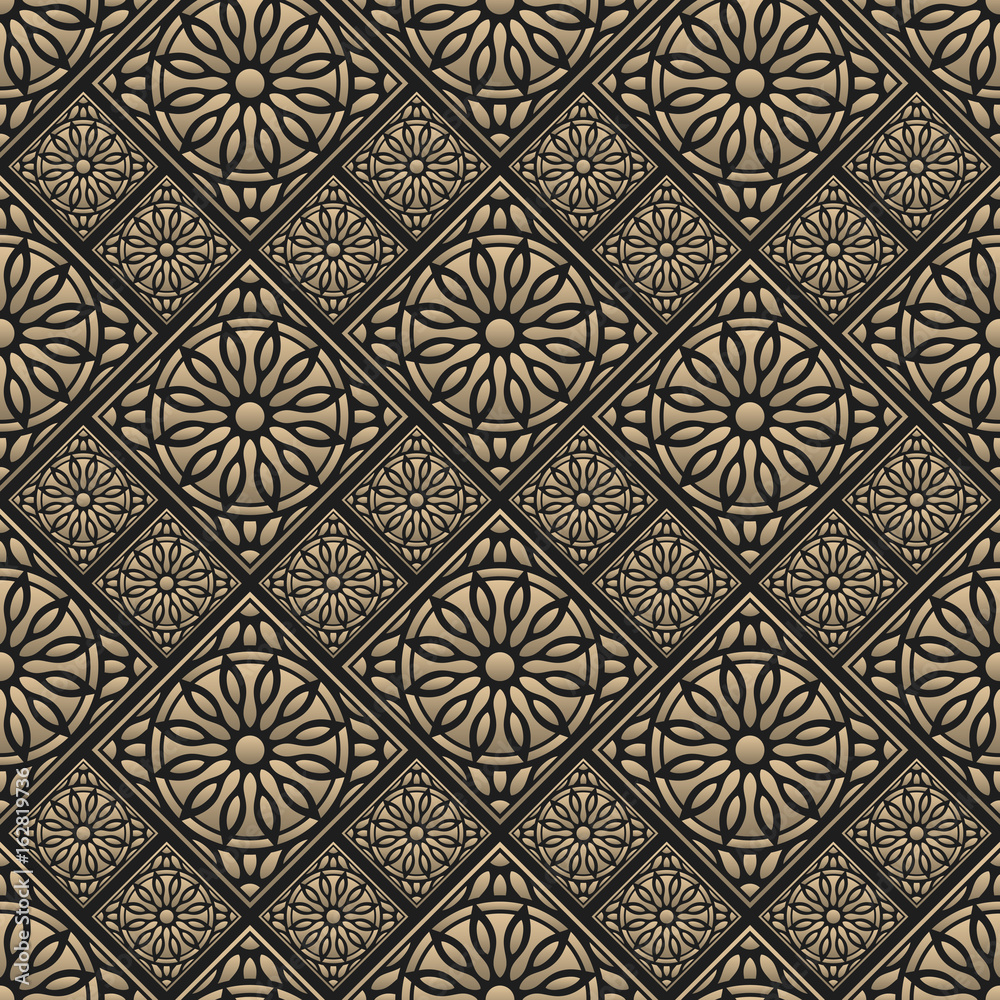 Seamless pattern oriental ornament. Black and golden textile print. Islamic vector design. Floral tiles.