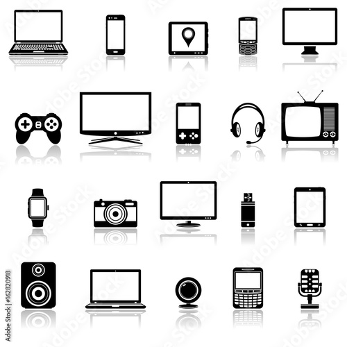 Technology devices and multimedia gadgets icons with reflection