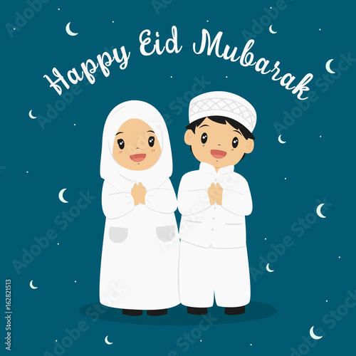 happy eid mubarak greeting card vector. Happy Muslim boy and girl, with crescent moon background