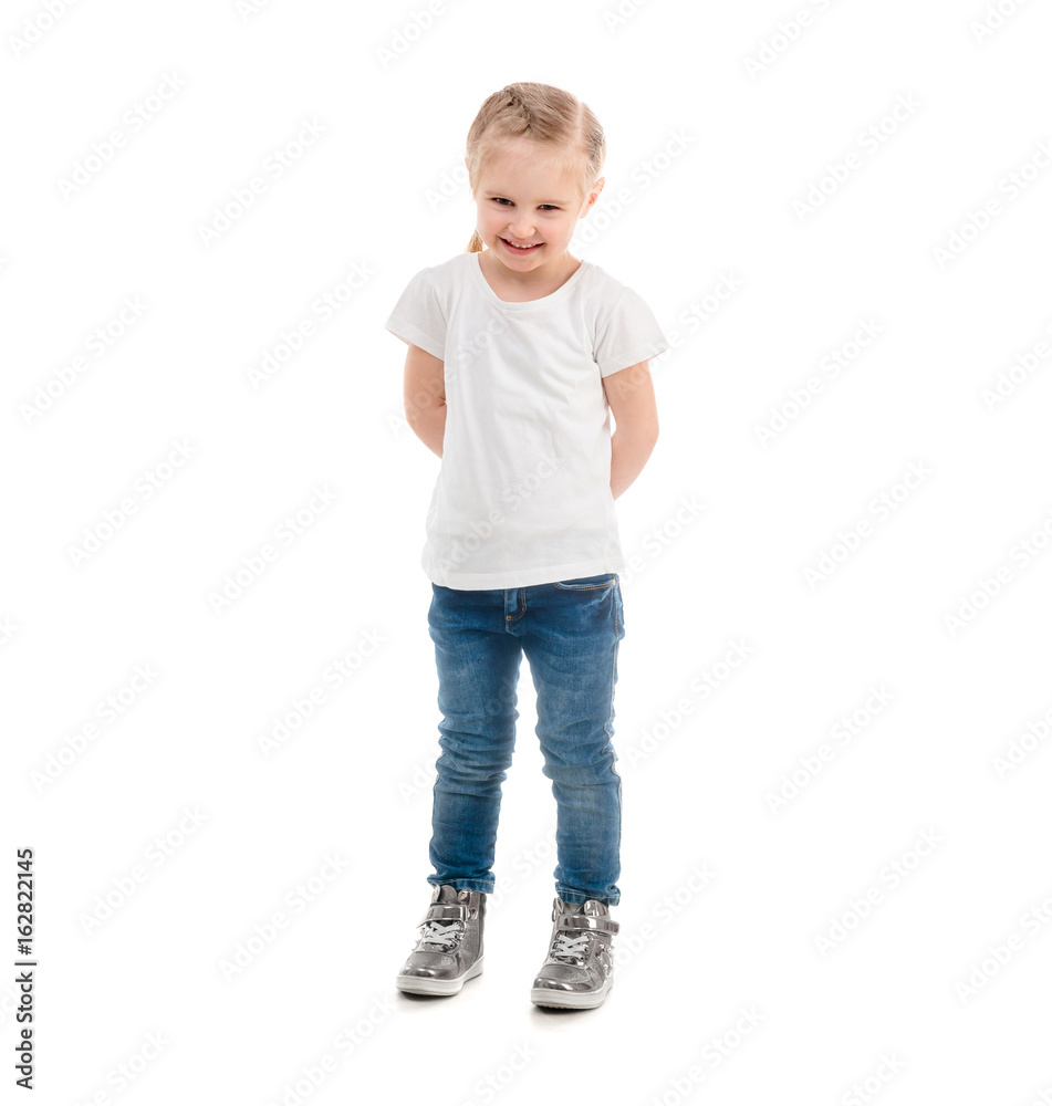 girl in t-shirt standing isolated on white background girl in t-shirt standing isolated on white background