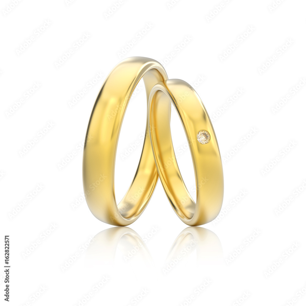 3D illustration two yellow gold classic wedding rings with diamond with reflection 3D illustration two yellow gold classic wedding rings with diamond with reflection