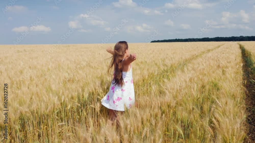 Beauty girl running on yellow wheat field. Slow Motion Beauty girl running on yellow wheat field. Slow Motion