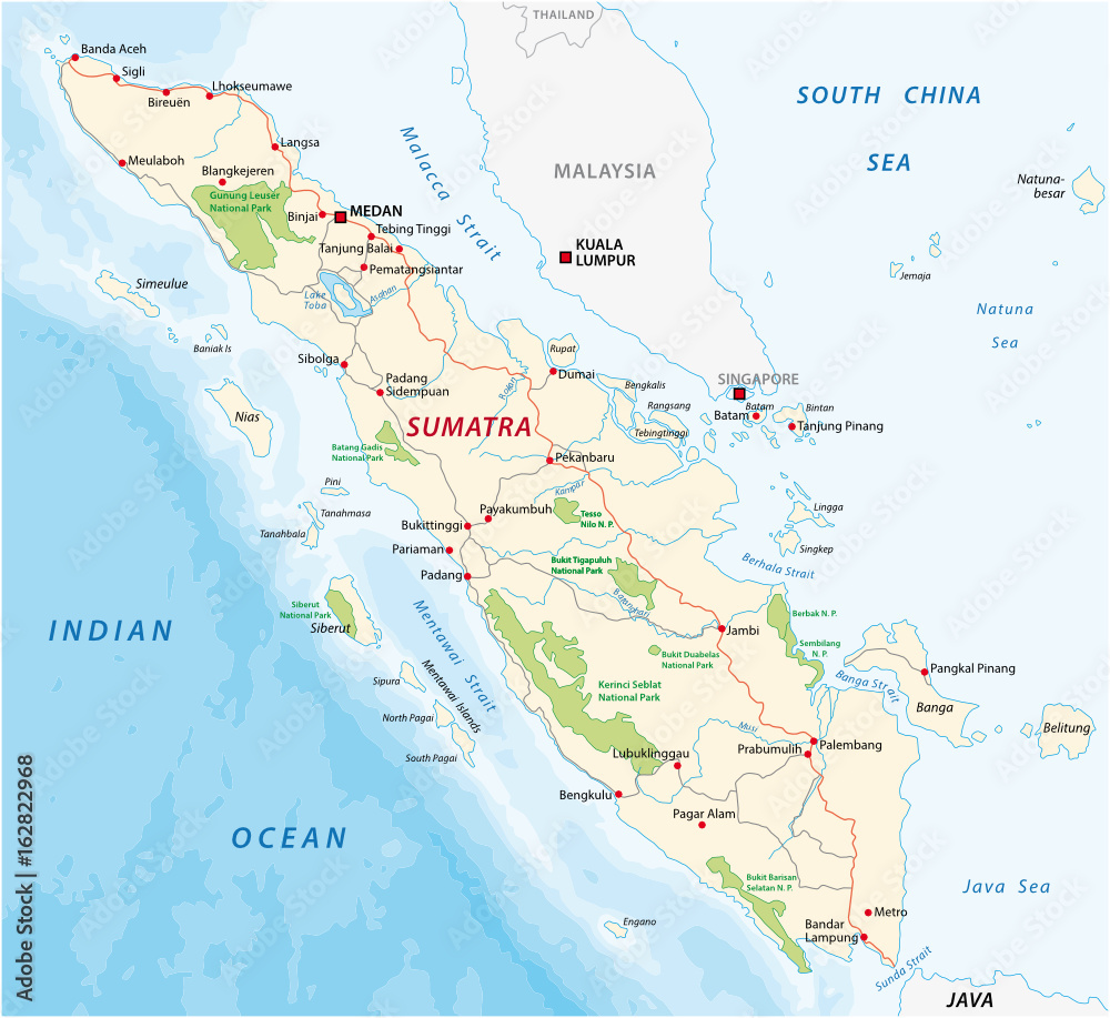Road map of the indonesian island sumatra