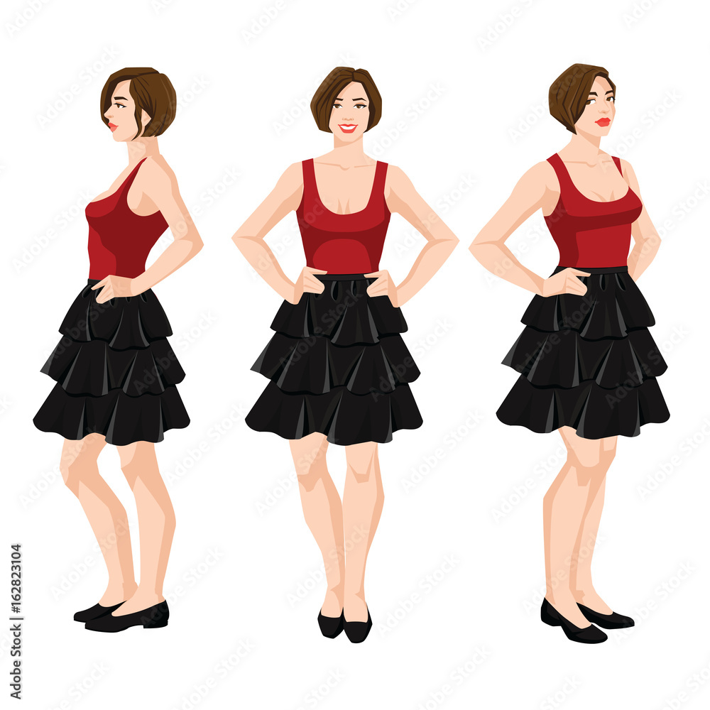 Vector illustration of woman in black skirt, red top and shoes on flat heel with short sleeves on white background. Various turns woman's figure. Front view and side view. Vector illustration of woman in black skirt, red top and shoes on flat heel with short sleeves on white background. Various turns woman's figure. Front view and side view.