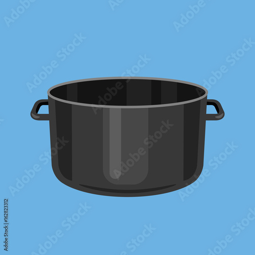 Black cooking pot, empty black saucepan. Vector illustration