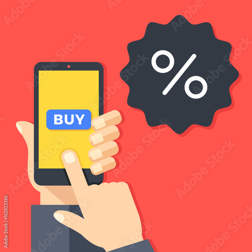 Sale, discount concepts. Hand holding smartphone with buy button. Discount badge with percent sign. Ecommerce, e-commerce, mobile commerce. Modern flat design graphic elements. Vector illustration