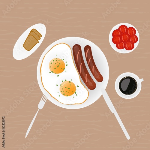 Breakfast of fried eggs sausages salad bread and coffee