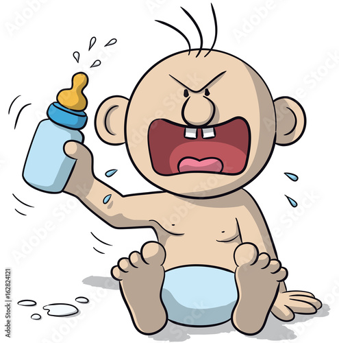 Illustration of sitting baby, very angry with baby bottle