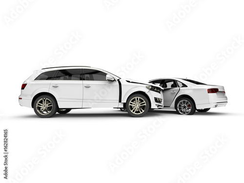 White Wrecked cars in an accident   3D render image representing an car accident 