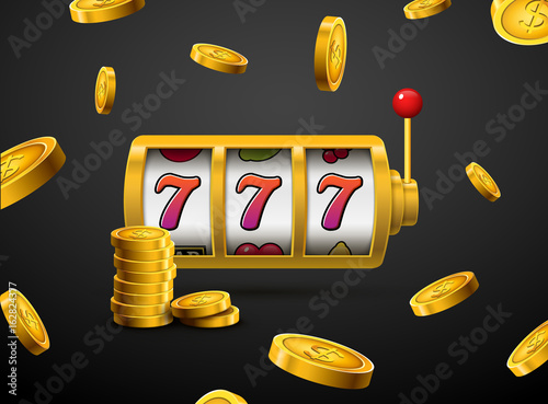 Slot machine lucky sevens jackpot concept 777. Vector casino game. Slot machine with money coins. Fortune chance jackpot