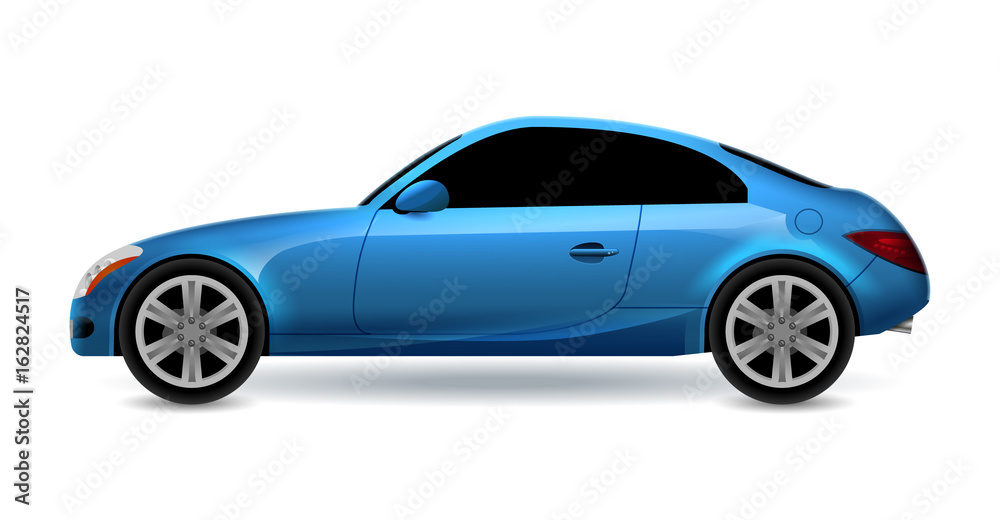 Vector blue automobile coupe isolated profile side view. Luxury modern sedan transport auto car. Side view car design illustration
