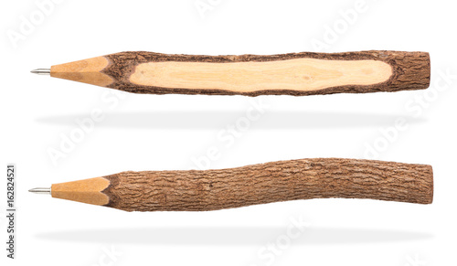 handicraft pen made from tree branch or twig, the one shown wood and the other shown bark isolated on white with clipping path