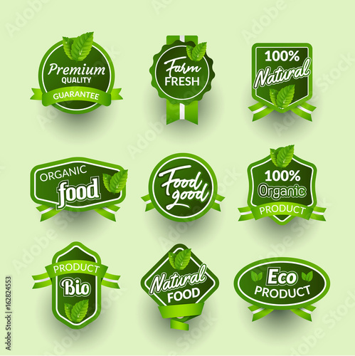 Organic health food badge seal design. Natural organic food sticker set. Farm product market signs in vector