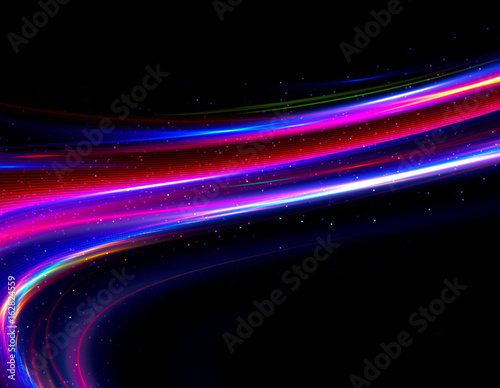 Beautiful light flares. Glowing streaks on dark background. Luminous abstract sparkling lined background. .light effect wallpaper. Sci fi technology. Sequins backdrop. New gala. .