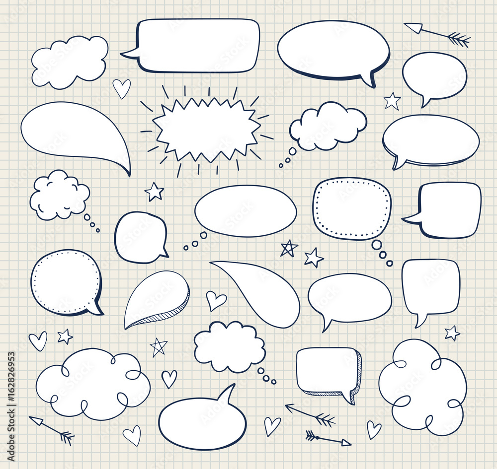 Obraz premium Set of hand drawn comic speech bubbles. Vector doodle blank design elements.