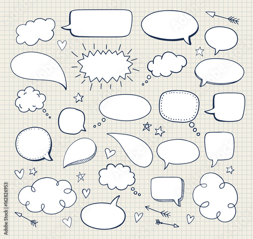 Set of hand drawn comic speech bubbles. Vector doodle blank design elements.