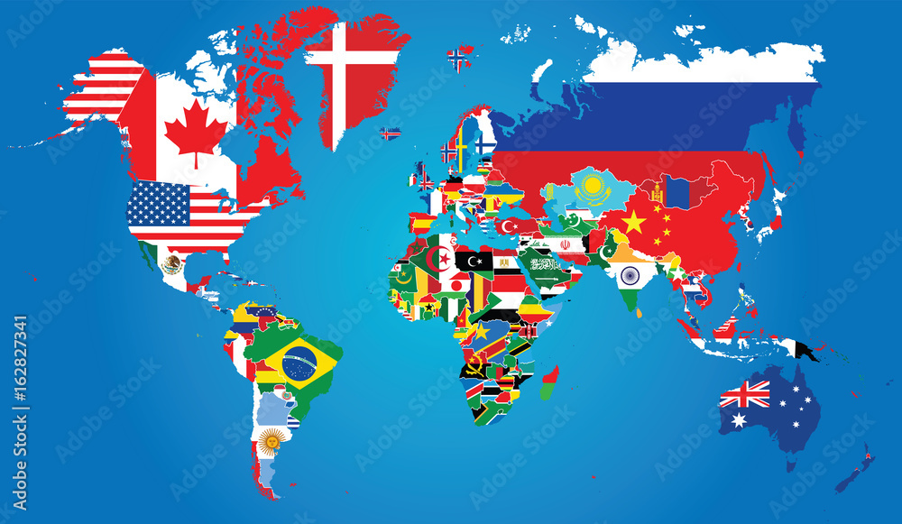 Fototapeta premium Szczegółowa mapa świata z granicami i flagami państw na niebieskim tle
