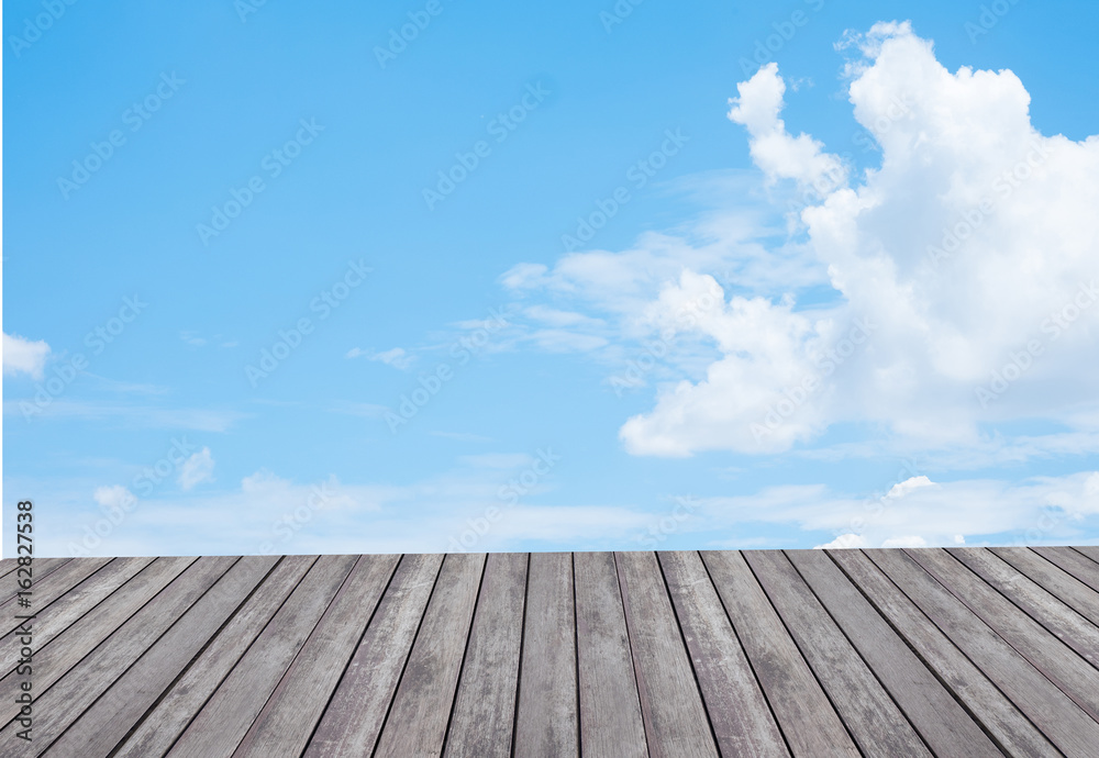 Floor wooden planks with sky background. Business concept.