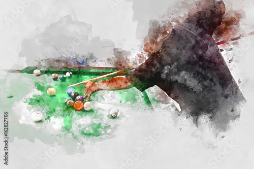 Abstract playing pool, man playing snooker ball on watercolor background.