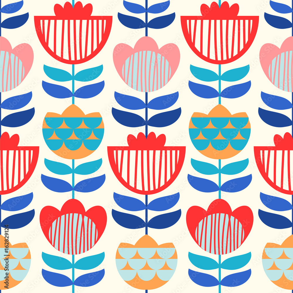 Seamless vector pattern with scandinavian flowers. Bright colors. - obrazy, fototapety, plakaty 