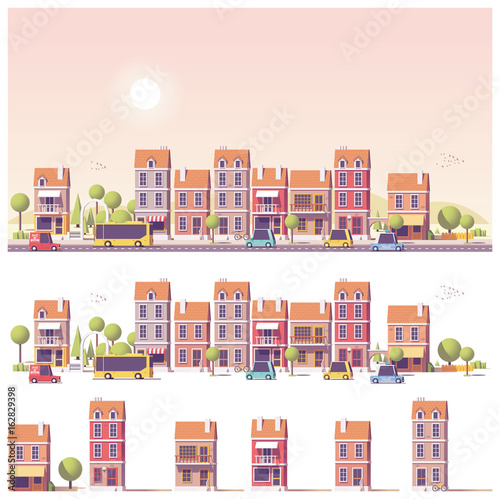 Vector low poly 2d buildings and city scene