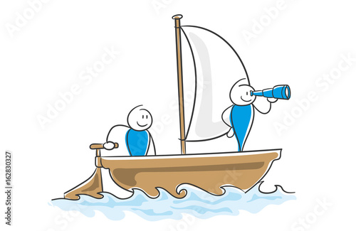 Stick Figure Series Blue / Entdecker Segelboot Weitsicht Teamwork Aufbruch Geschäftsreise
