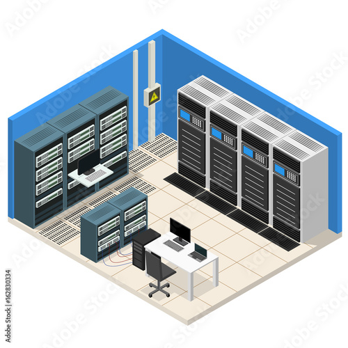 Interior Server Room Isometric View. Vector