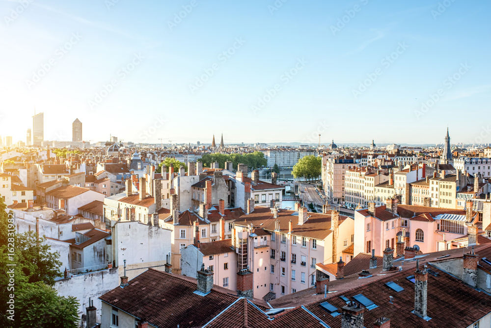 Morning aerial cityscape view with beautiful old buildings in Lyon city in France