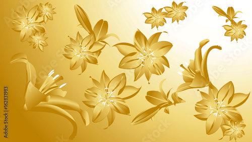 Field of golden lilies on a golden background