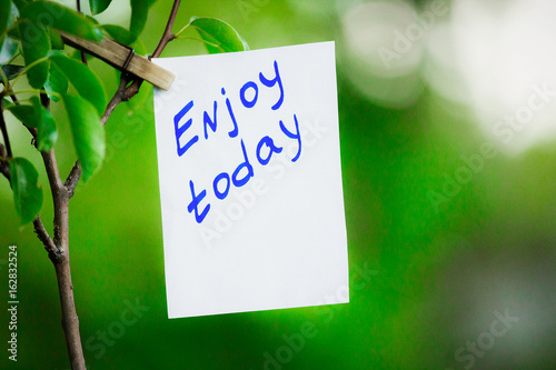 Motivating phrase enjoy today. On a green background on a branch is a white paper with a motivating phrase. © slavonstok