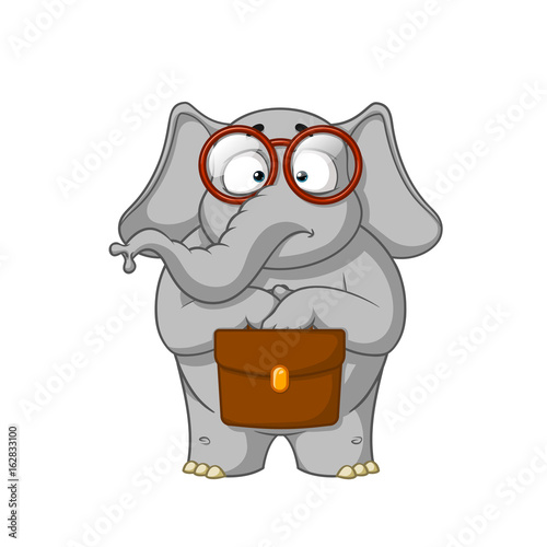 Elephant. Character. The botanist with glasses is holding a briefcase in his hands. Surprised. Big collection of isolated elephants. Vector, cartoon