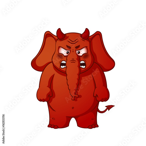 Elephant. Character. Angry red with horns. Devil. Big collection of isolated elephants. Vector, cartoon
