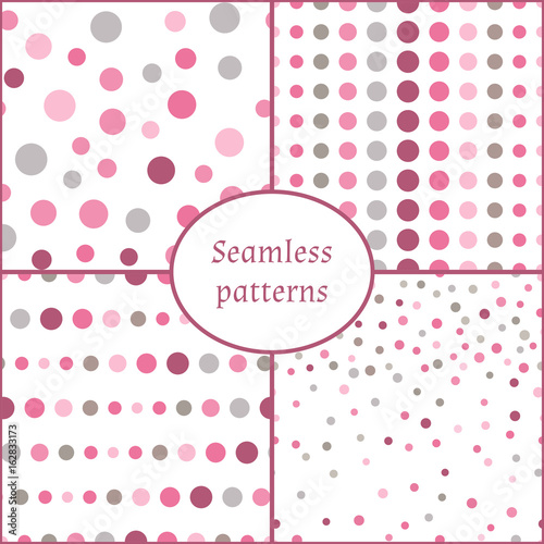 Set of colorful seamless pattern with circles, confetti. Pink and grey girl kids palette. Fashion style for prints, batik and silk textile, cushion pillow, bandanna or kerchief. Kids pattern.