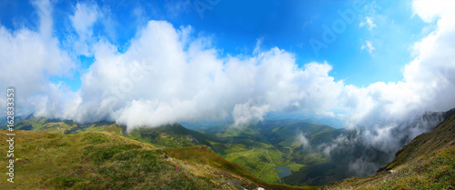 Mountain landscape panorama with lake valley and clouds