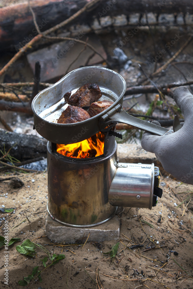 Hiking food. Fry the meat at the stake. Hiking food. Fry the meat at the stake.
