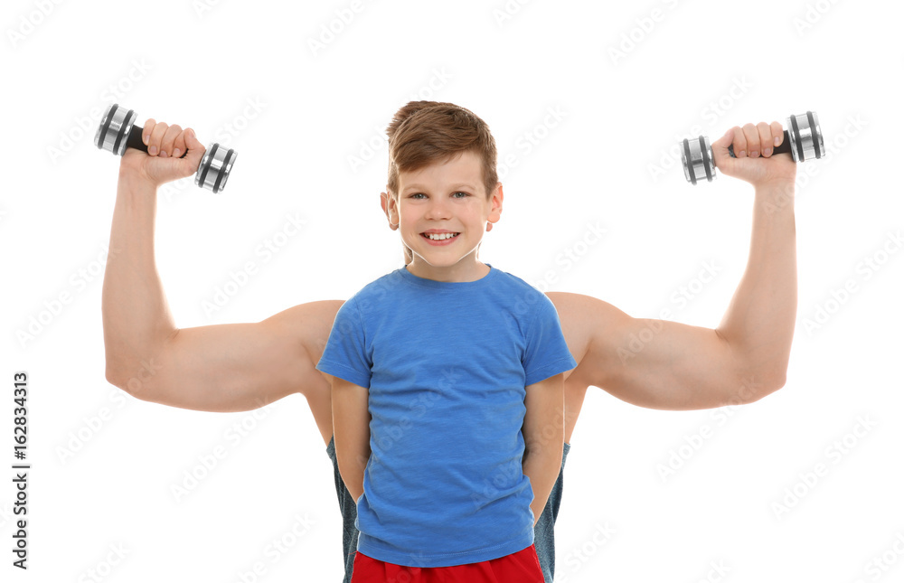 Dad hiding behind son and showing muscles on white background Dad hiding behind son and showing muscles on white background