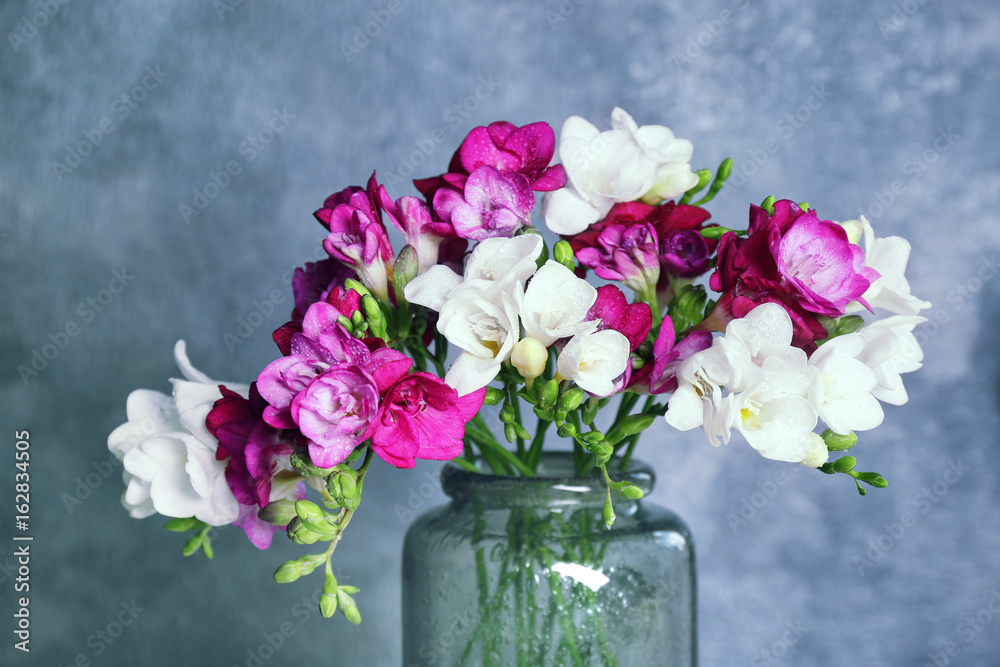 Fototapeta premium Vase with beautiful freesia flowers on color background