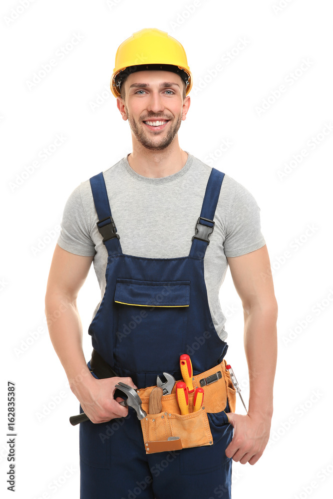 Young carpenter wearing uniform on white background foto de Stock | Adobe  Stock