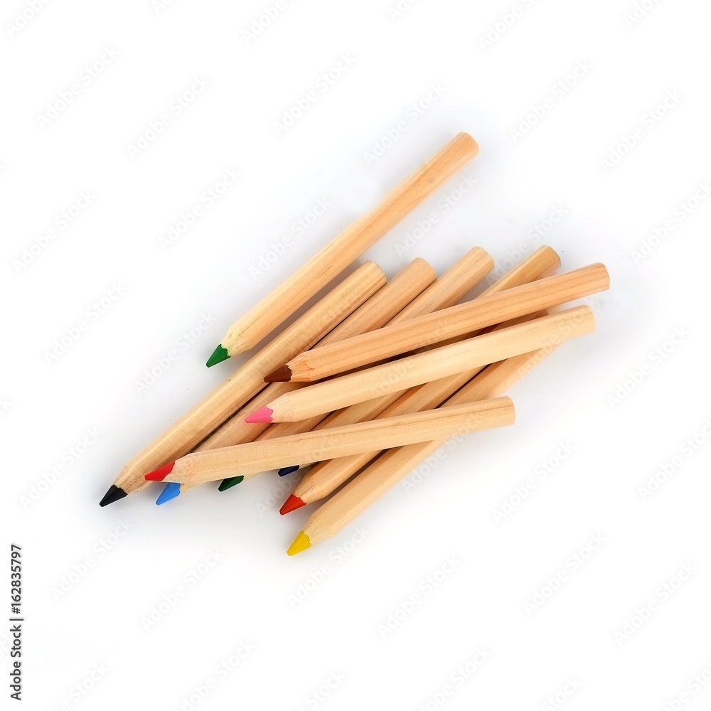 Colored pencils in various angles on a white background