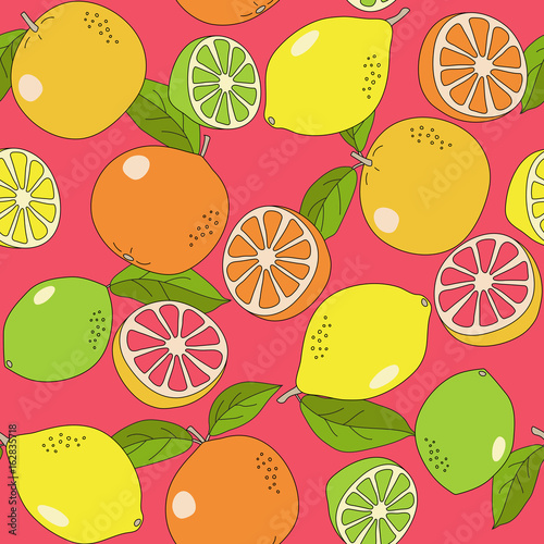 Seamless colorful hand drawn vector pattern with lemons, oranges and limes