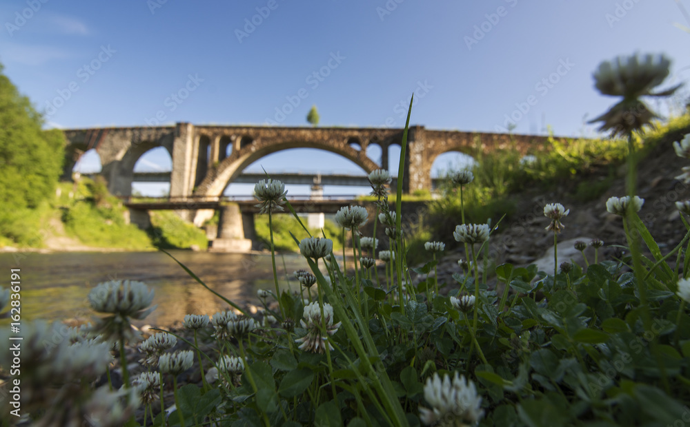 Coastal grass and stone bridge