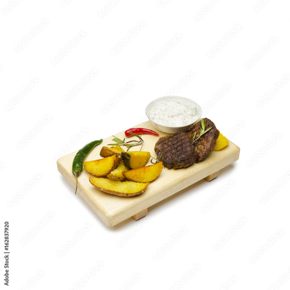 Grilled beef medallion with potato in a rustic wooden setting, high angle view isolated Grilled beef medallion with potato in a rustic wooden setting, high angle view isolated